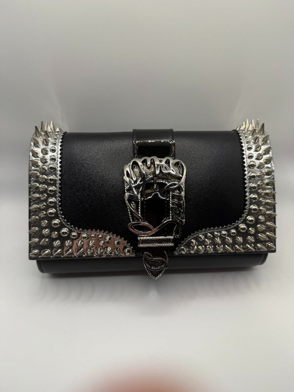 Christian Louboutin Black Giddy Paloma Buckle Spike Leather Clutch Crossbody